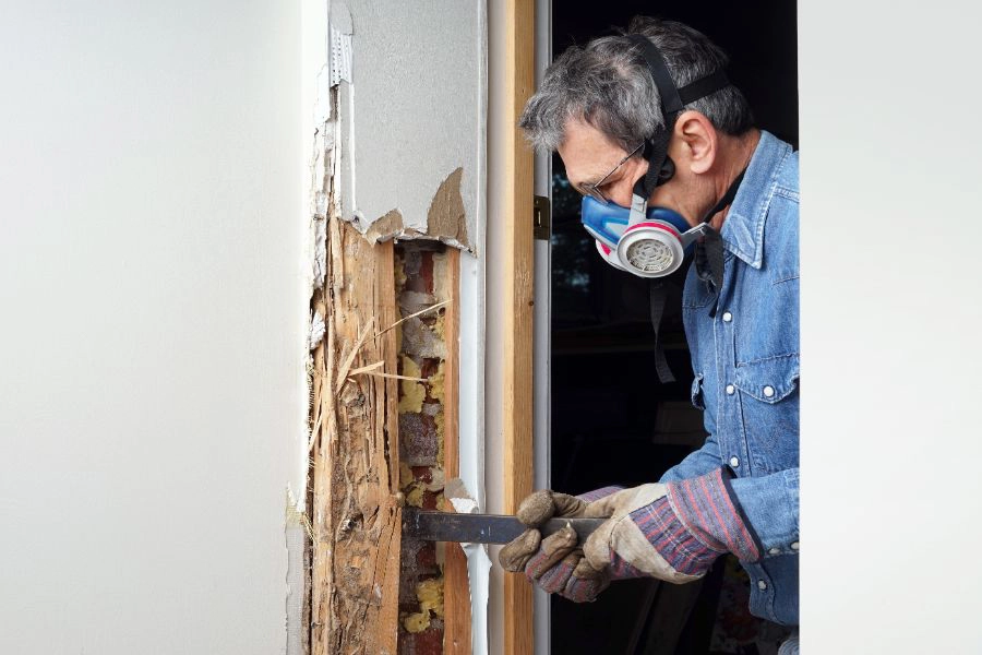 A person repairing termite damage to a wooden door - Prevent termite damage to your home with SOS Exterminating in Gilbert AZ