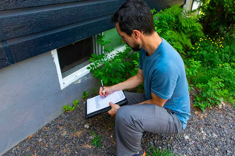Inspector checking outside of a basement window - stop pests from entering your home with SOS Exterminating serving Phoenix Metro & Northern Arizona